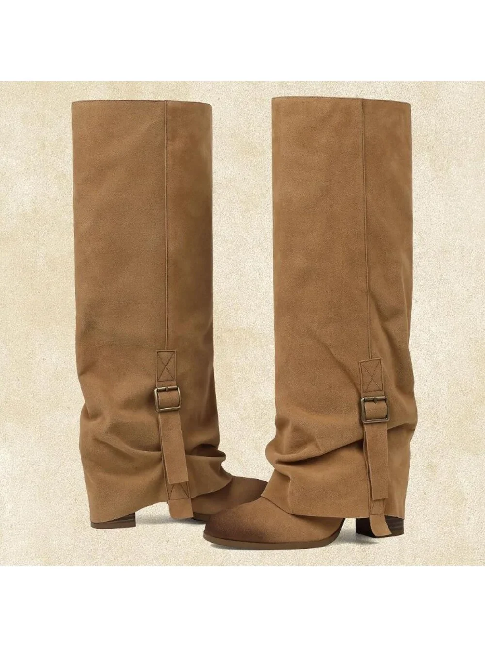 Women's Brown Suede Round Toe Chunky Heel Faux Leather Slouch Knee High Boots